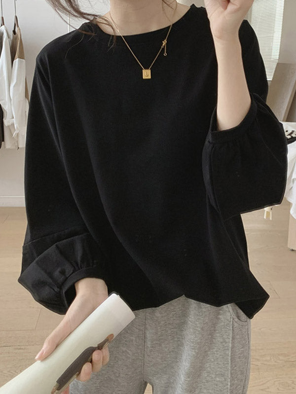 Long Sleeves Loose Pleated Solid Color Round-Neck T-Shirts Tops