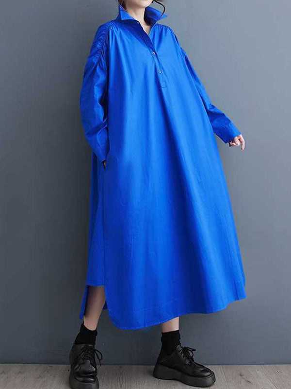 A-Line Long Sleeves Buttoned Hollow Pleated Pockets Solid Color Lapel Midi Dresses Shirt Dress