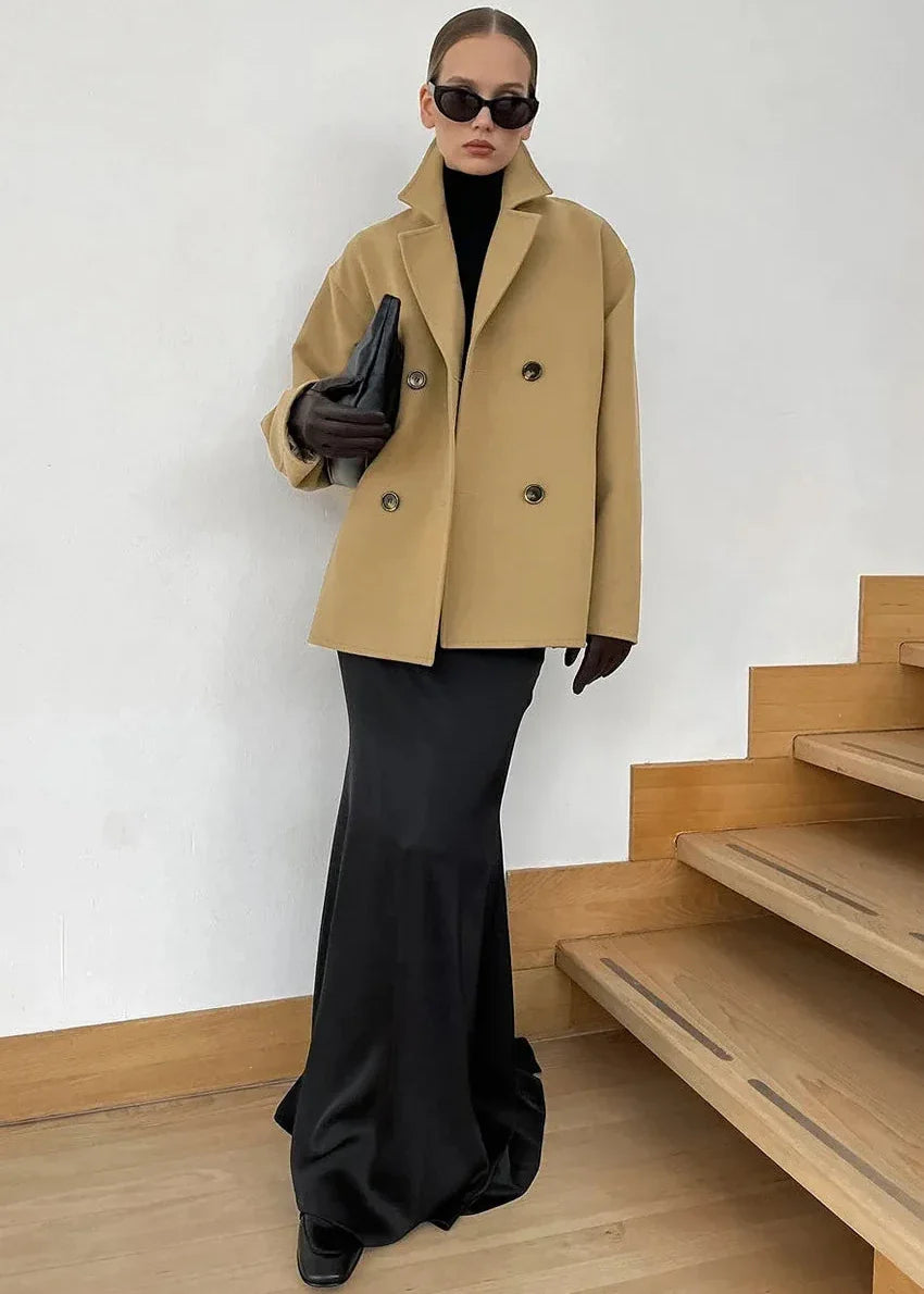 Classic Double-Breasted Camel Wool Coat