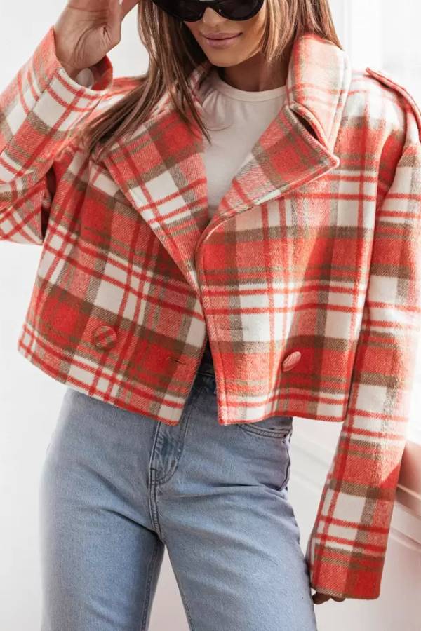 Women Fall/Winter Turndown Collar Plaid Print Jacket