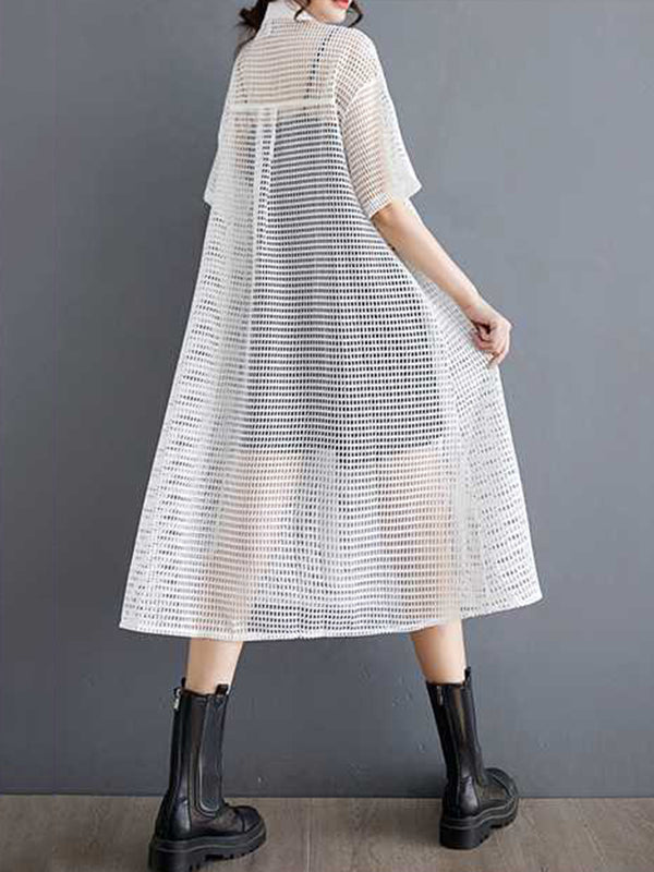 Half Sleeves Loose Hollow Solid Color Split-Joint Zipper Lapel Midi Dresses Shirt Dress