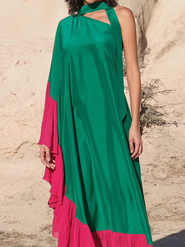 Loose Asymmetric Contrast Color Pleated Split-Joint Streamer One-Shoulder Evening Dresses Maxi Dresses