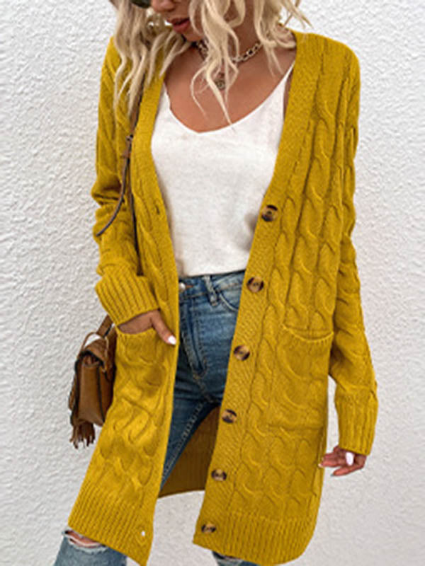 Urban Simple Loose Buttoned Solid Color Jacquard Cardigan Coat