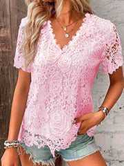 Loose Plus Size Embroidered Hollow Solid Color Split-Joint V-Neck T-Shirts Tops