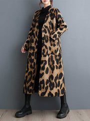 Long Sleeves Loose Buttoned Leopard Pockets Split-Joint V-Neck Outerwear Trench Coats