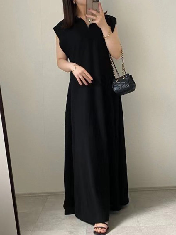 Loose Raglan Sleeve Pleated Solid Color Lapel Maxi Dresses