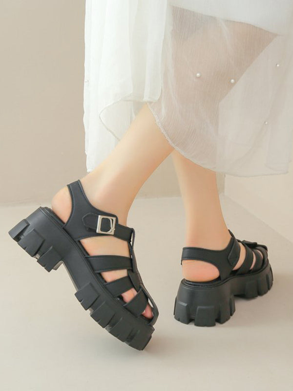 Belt Buckle Hollow Round-Toe Split-Joint Gladiators Platform Shoes Sandals