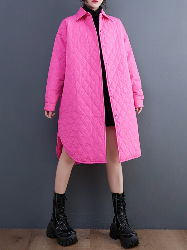 Simple Loose Rhombic Belted Solid Color Lapel Padded Coat