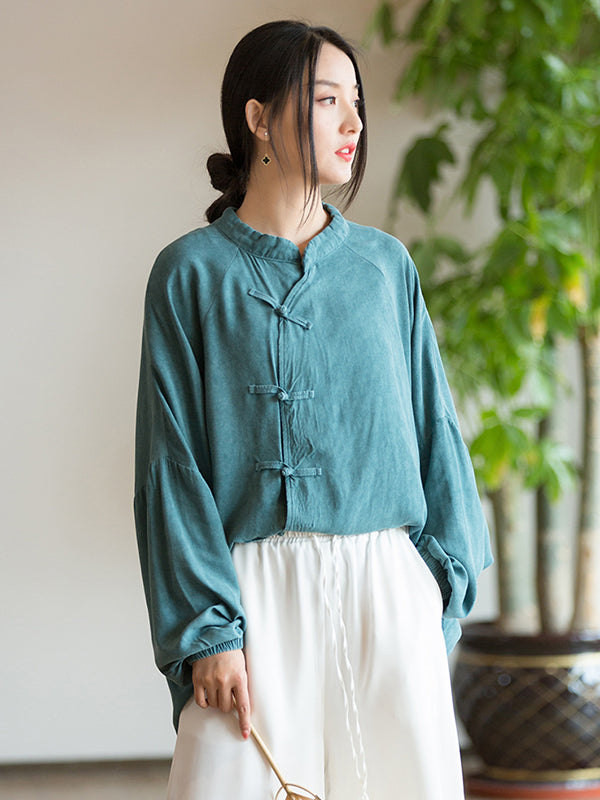 Artistic Retro Loose Long Sleeves Buttoned Solid Color Stand Collar Blouses&Shirts Tops