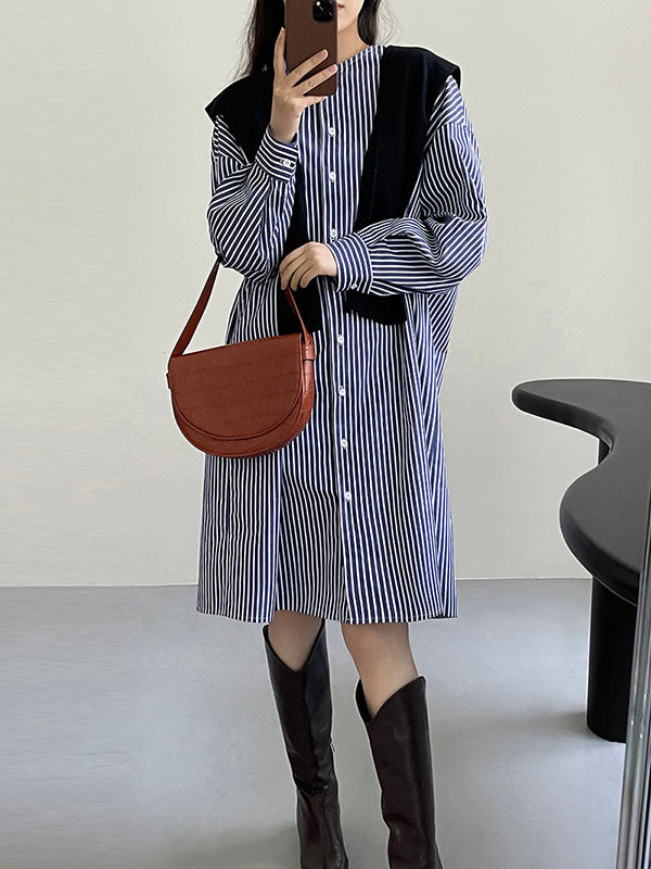 Long Sleeves Loose Striped Round-Neck Midi Dresses Shirt Dress