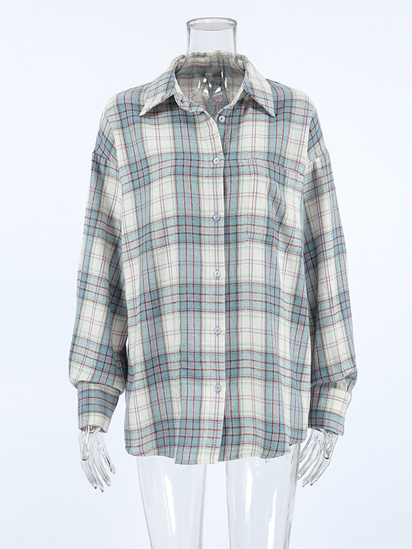 Long Sleeves Loose Buttoned Plaid Pockets Lapel Blouses&Shirts Tops Outerwear