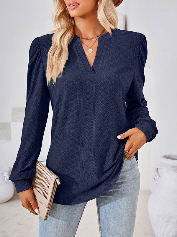 Long Sleeves Loose Jacquard Solid Color V-neck T-Shirts Tops