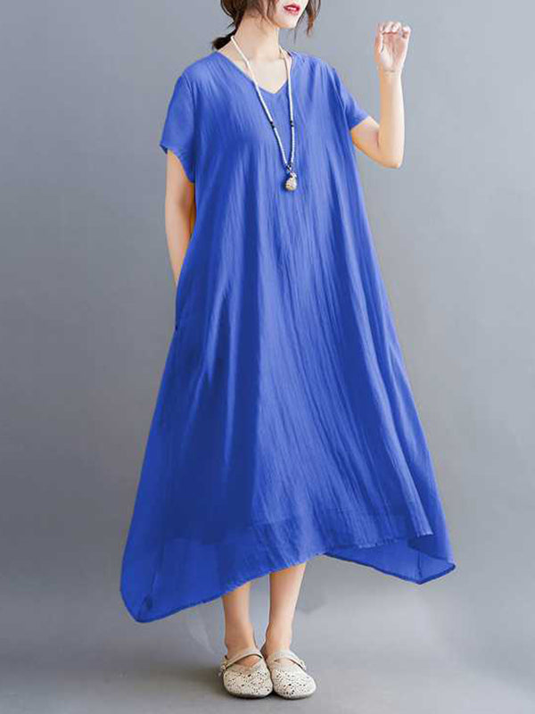 A-Line Loose Solid Color V-Neck Midi Dresses