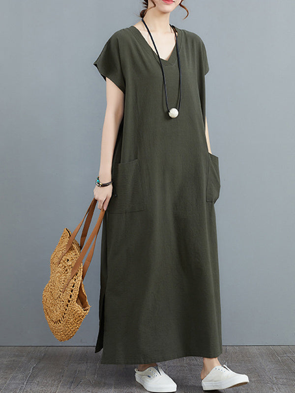 Simple Ramie Cotton Solid Color Split-Side With Pocket V-Neck Short Sleeves Maxi Dress