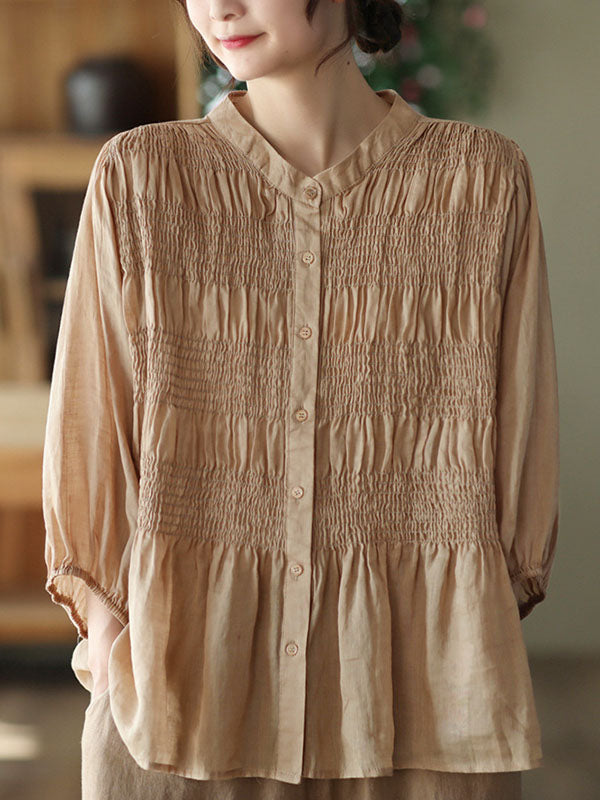 Loose Three-Quarter Sleeves Pleated Solid Color Split-Joint Stand Collar Blouses&Shirts Tops