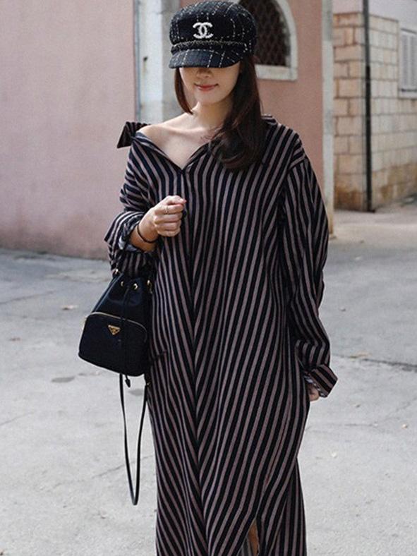 Loose Striped Lapel Split-joint Blouse Dress