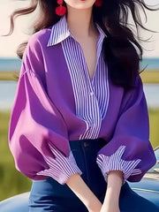 Long Sleeves Loose Buttoned Contrast Color Split-Joint Striped Lapel Blouses&Shirts Tops