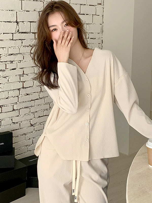 Solid Color Long Sleeves V-Neck Cardigan Tops & Pants Pajamas Set