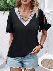 Loose Short Sleeves Hollow Sequined Split-Joint Tied V-Neck T-Shirts Tops