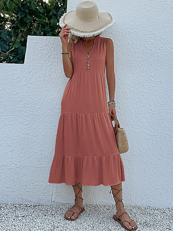 Loose Sleeveless Pleated Split-Joint V-Neck Midi Dresses