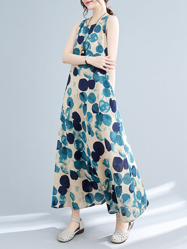 Loose Sleeveless Polka-Dot Round-Neck Maxi Dresses