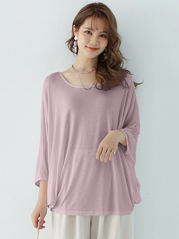 Vintage Loose Round-Neck Batwing Sleeves Shirts