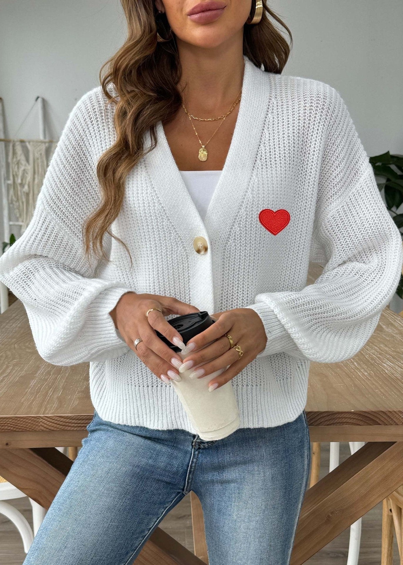 Heart Embroidered Button-Up Knit Cardigan