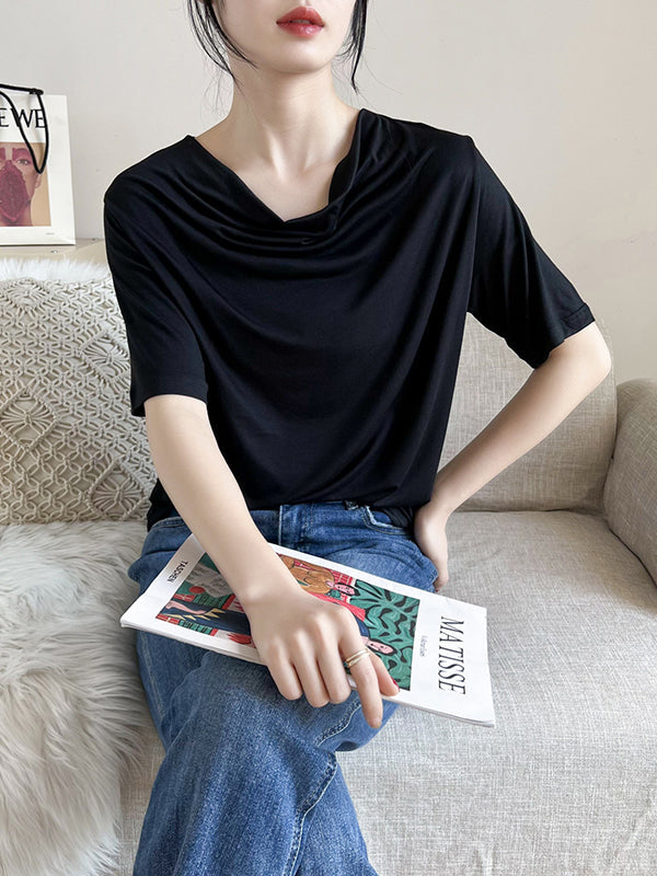 Short Sleeves Pleated Solid Color Heaps Collar T-Shirts Tops