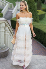 Elegant Feather Strapless Sequin Tiered Ruffle Tulle Evening Maxi Dress - Apricot