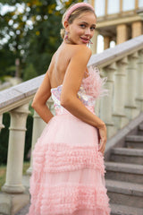 Elegant Feather Strapless Sequin Tiered Ruffle Tulle Evening Maxi Dress - Pink