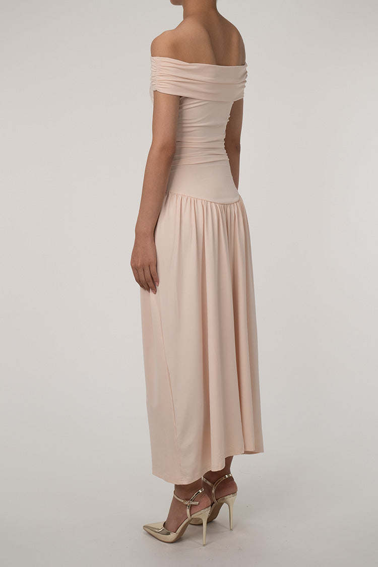 Elegant Foldover Off The Shoulder Gathered Drop Waist Formal Maxi Dress