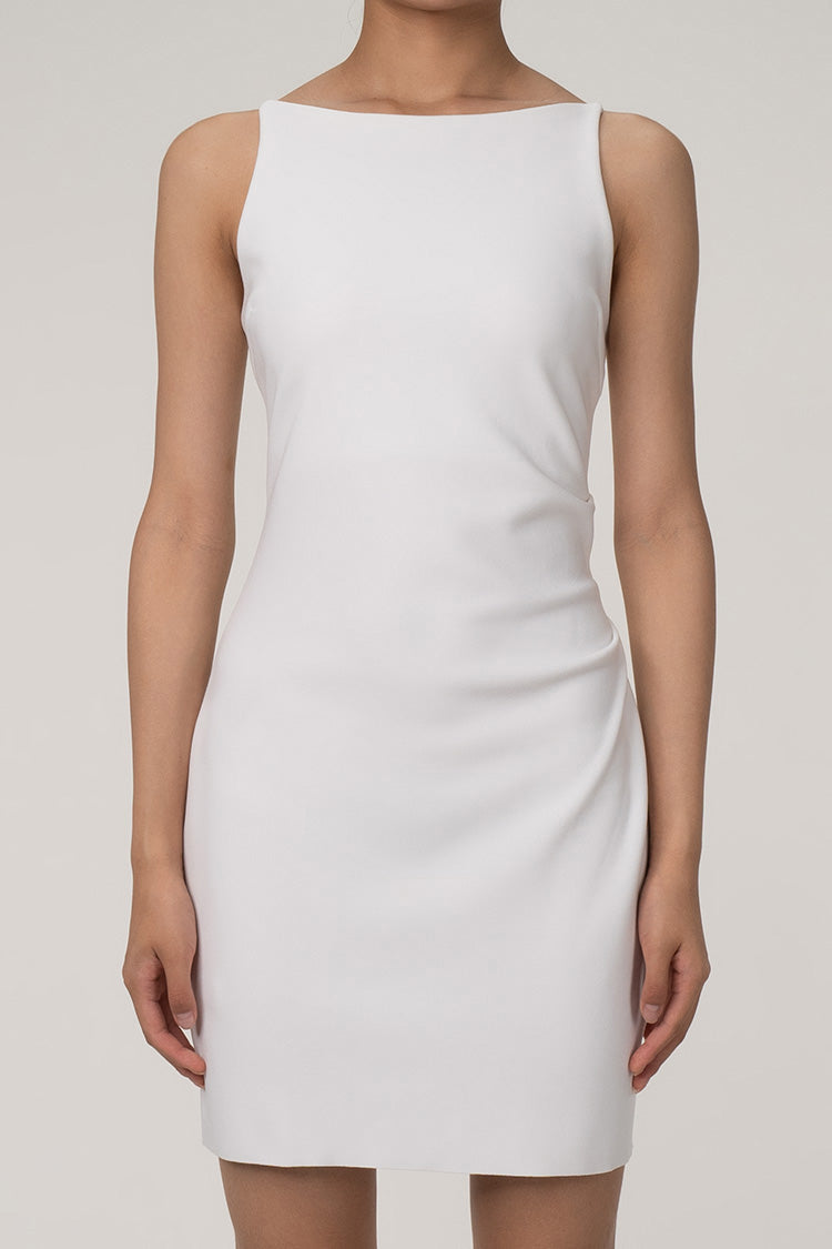 Elegant High Boat Neck Sleeveless Bodycon Mini Dress - White