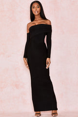 Elegant Off Shoulder Slit Back Bandage Maxi Evening Dress - Black