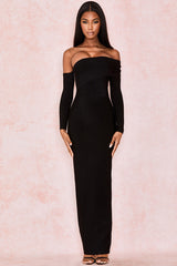 Elegant Off Shoulder Slit Back Bandage Maxi Evening Dress - Black