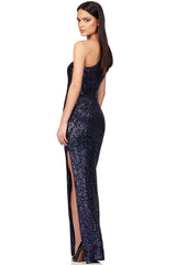 Elegant Padded One Shoulder Split Sequin Evening Maxi Dress - Blue