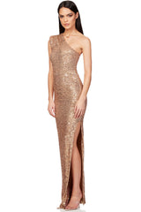 Elegant Padded One Shoulder Split Sequin Evening Maxi Dress - Champagne