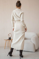 Elegant Patch Pocket Button Up Collared Cardigan Two Piece Midi Dress - Beige