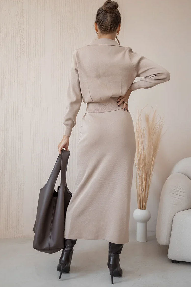 Elegant Patch Pocket Button Up Collared Cardigan Two Piece Midi Dress - Khaki