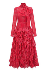 Elegant Polka Dot Tie Neck Long Sleeve Chiffon Ruffle Tiered Evening Maxi Dress