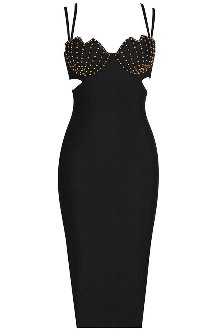 Elegant Seashells Sweetheart Cutout Bandage Sleeveless Midi Dress - Black