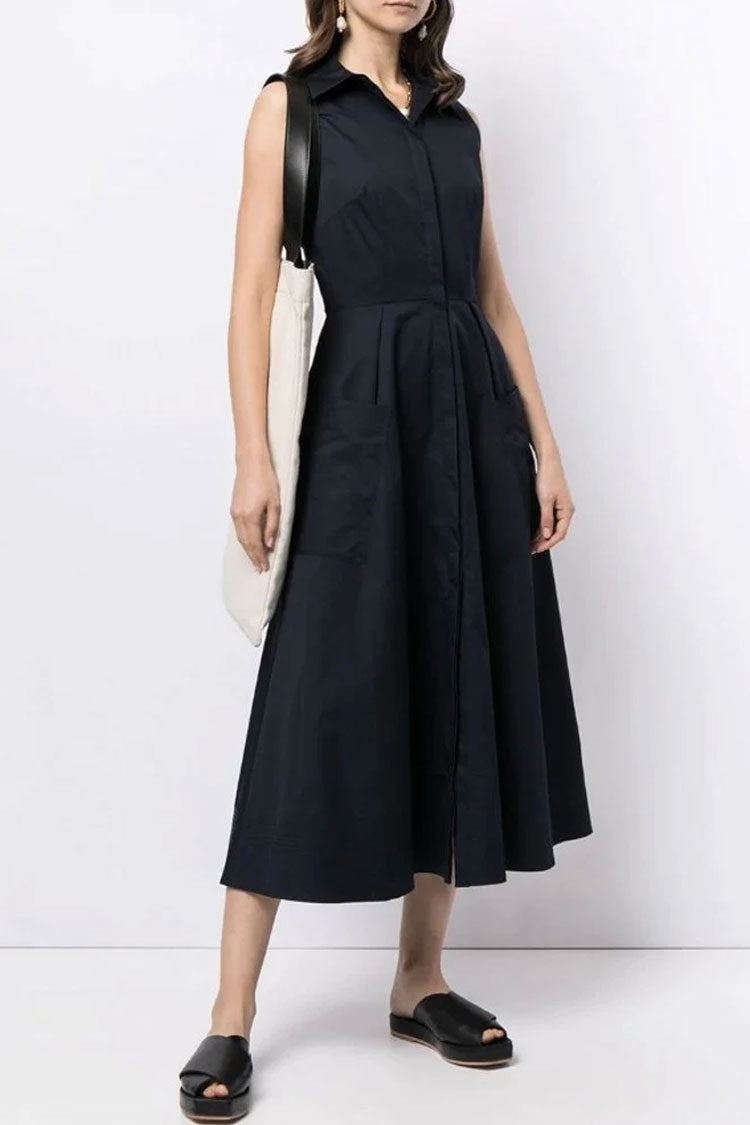 Elegant Sleeveless Cargo Pocket Button Down Skater Midi Dress - Black