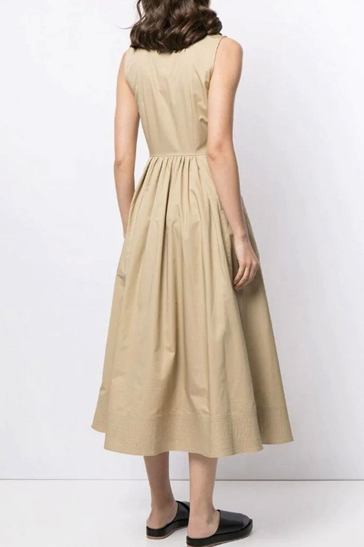 Elegant Sleeveless Cargo Pocket Button Down Skater Midi Dress - Khaki