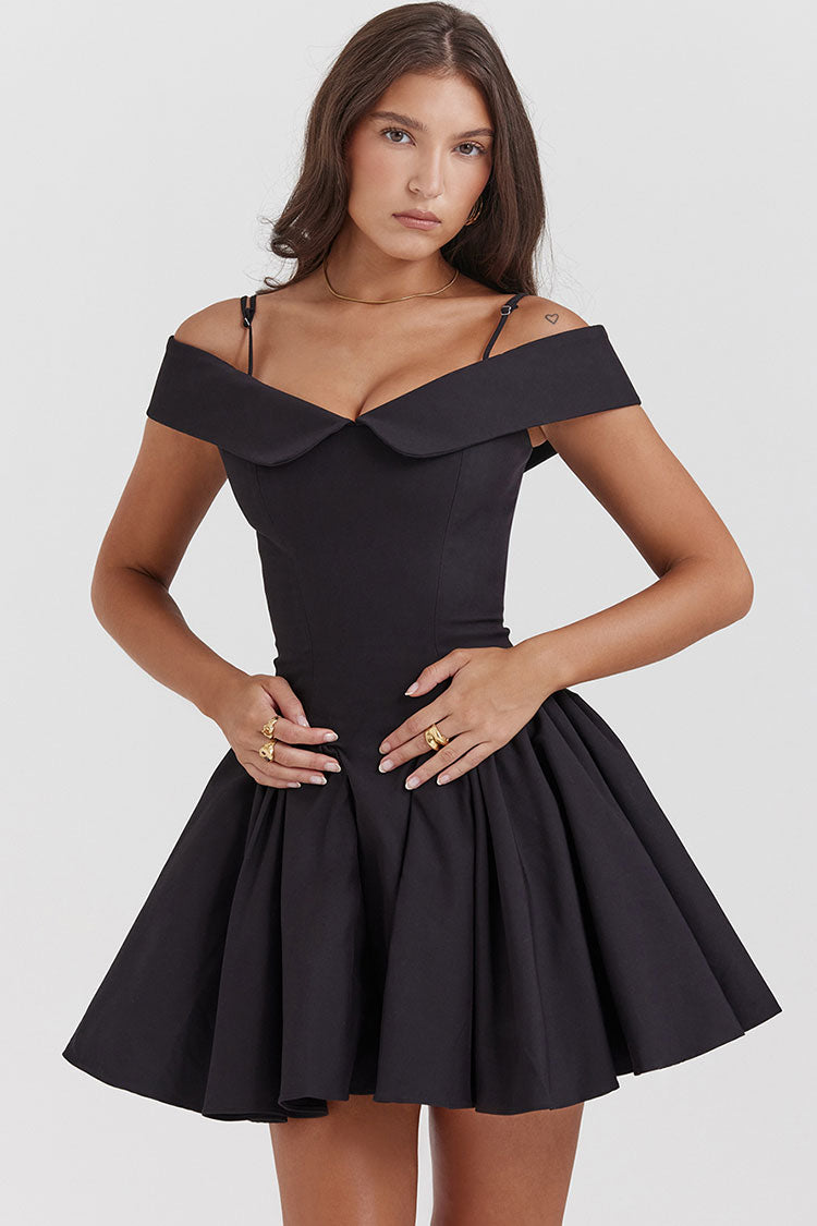 Elegant Spaghetti Strap Off Shoulder Drop Waist Fit & Flare Party Mini Dress - Black