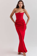 Elegant Sweetheart Neck Corset Strapless Fishtail Evening Maxi Dress - Red