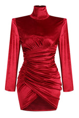 Elegant Turtleneck Long Sleeve Ruched Velvet Cocktail Party Dress - Hot Pink