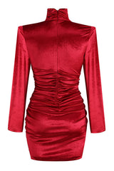 Elegant Turtleneck Long Sleeve Ruched Velvet Cocktail Party Dress - Hot Pink