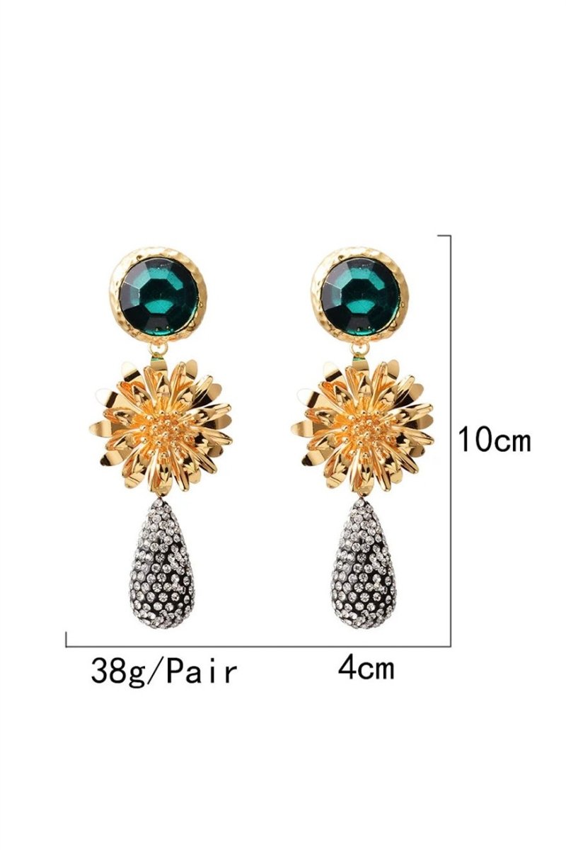 Emerald Stone Flower Rhinestone Earrings