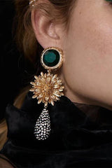 Emerald Stone Flower Rhinestone Earrings