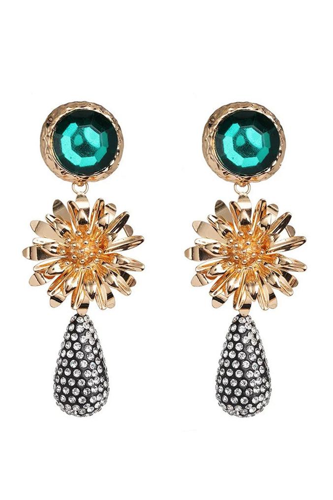 Emerald Stone Flower Rhinestone Earrings