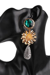 Emerald Stone Flower Rhinestone Earrings